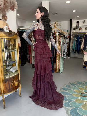 2011 Nina Ricci Editorial Burgundy & Black Polka-Dot Silk Tiered Ruffle Trained Gown w/ Tags