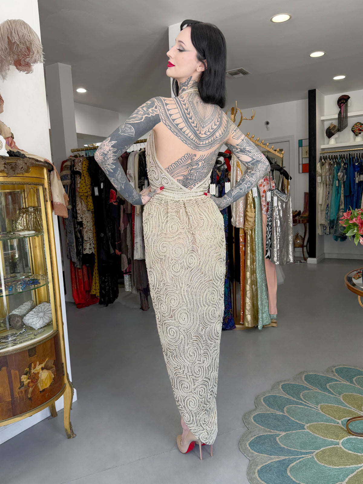 1982 Halston Runway Beaded Sheer Illusion Champagne Lace Backless Halter Wrap Gown