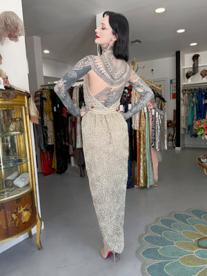 1982 Halston Runway Beaded Sheer Illusion Champagne Lace Backless Halter Wrap Gown