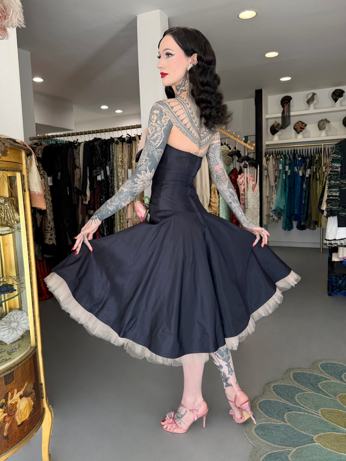 1950's Don Miguel of California Navy Silk &amp; Blush Pink Tulle Ruffle Shelf-Bust Strapless Dress
