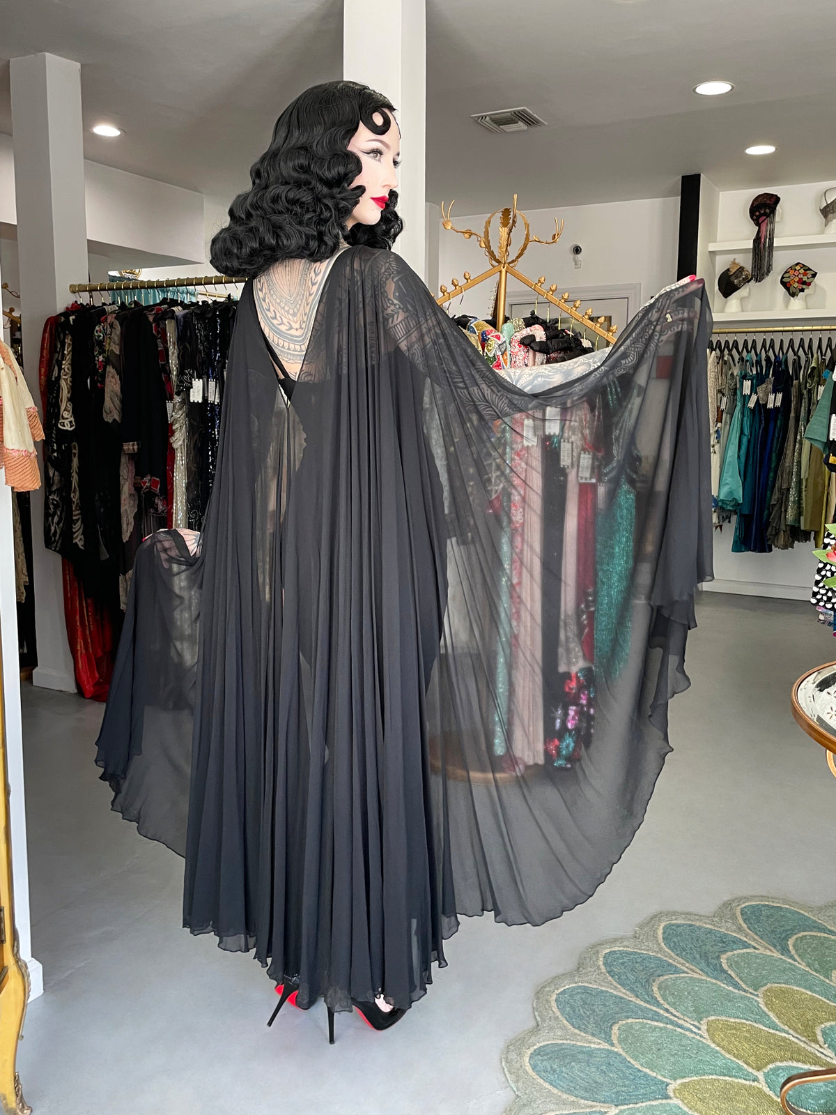 1964 Yma Sumac Documented Custom Couture Ruched Black Silk Hourglass Gown w/ Cape