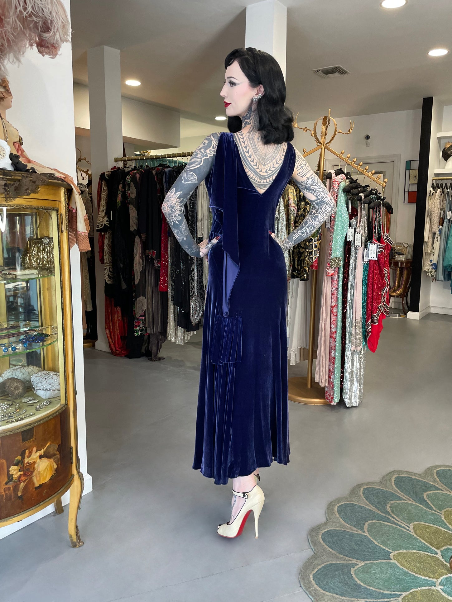 Vintage 1930 Molyneux Haute Couture Documented Sapphire Blue Silk Velvet Bias-Cut Gown