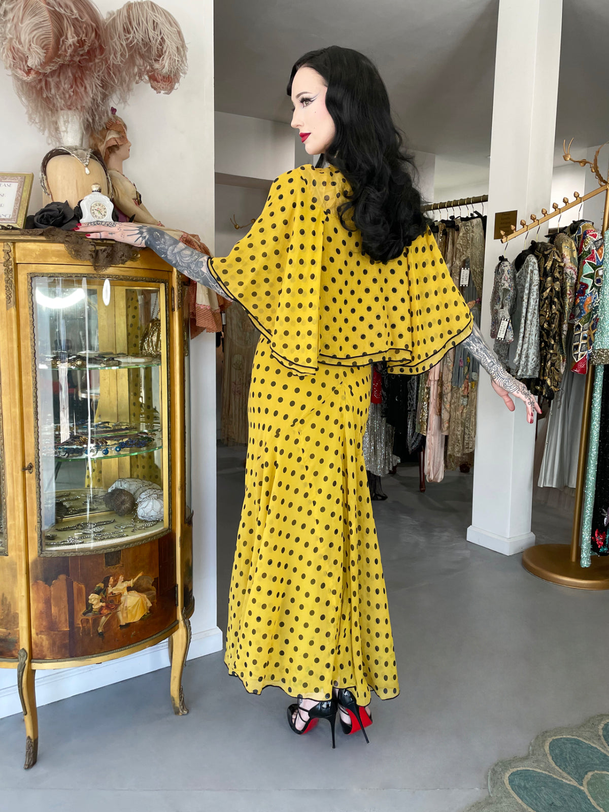 1930&#39;s Germaine Monteil Couture Polka Dot Silk Appliqué Bias-Cut Gown w/ Capelet