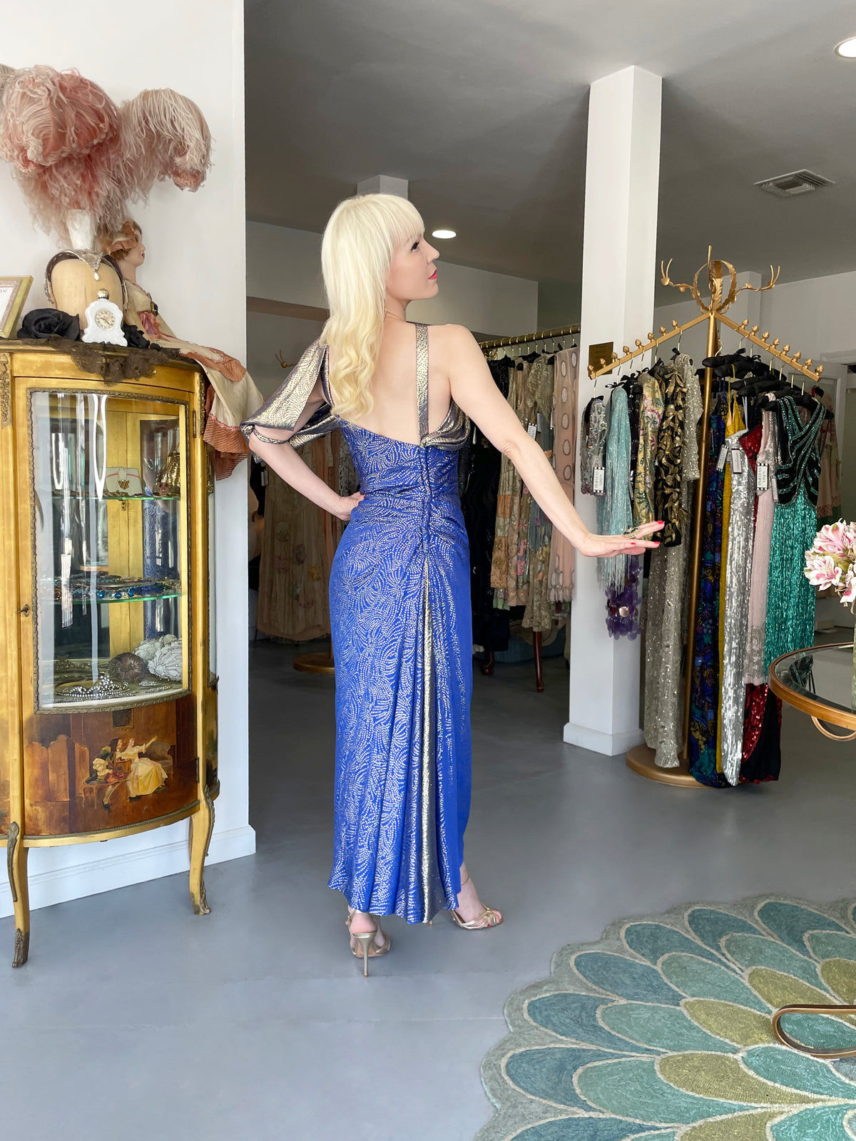 1990's Jacqueline de Ribes Metallic Blue Lurex Silk Asymmetric Bias-Cut Gown