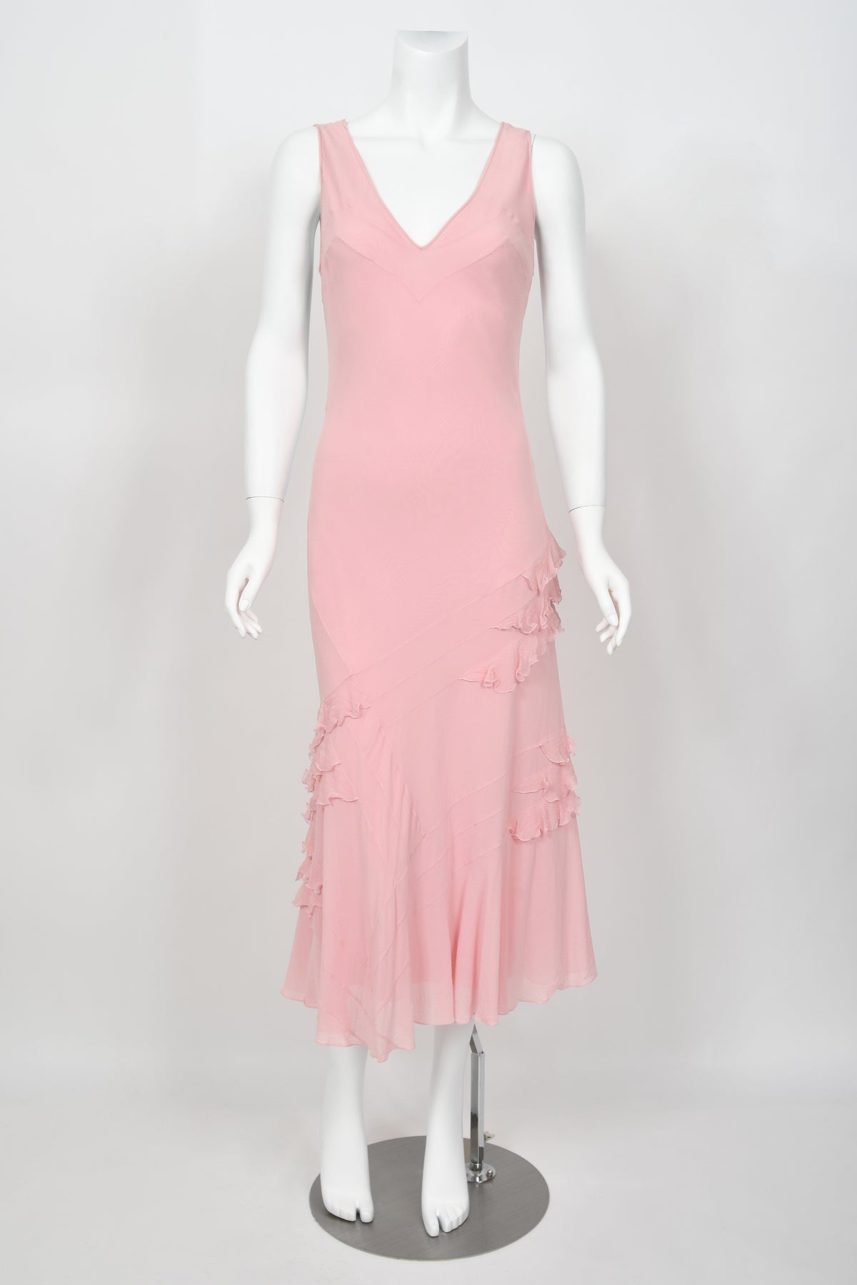2004 Christian Dior by John Galliano Pastel Pink Silk Tiered Ruffle Bias-Cut Dress