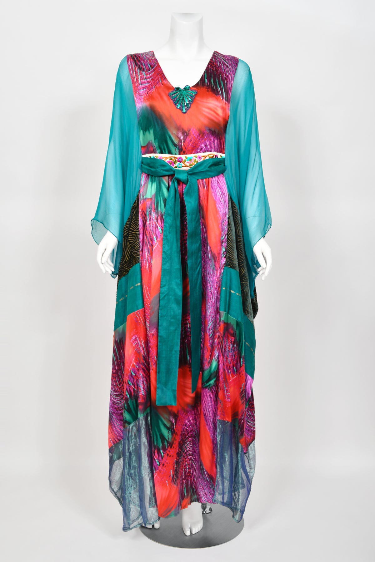 1970 Thea Porter Couture Colorful Patchwork Sheer Silk Bohemian Abaya Caftan