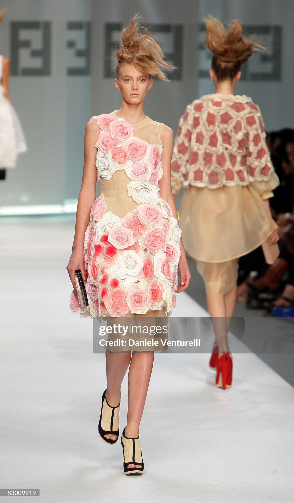 2009 Fendi by Karl Lagerfeld Museum-Held Roses Appliqué Sheer Illusion Dress