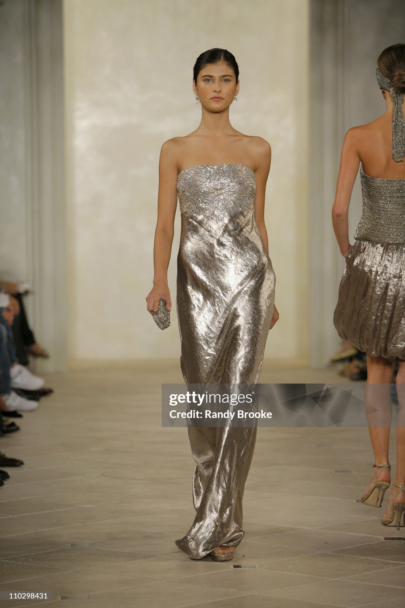 2007 Ralph Lauren Beaded Rhinestone Metallic Silver Lamé Strapless Bias-Cut Gown