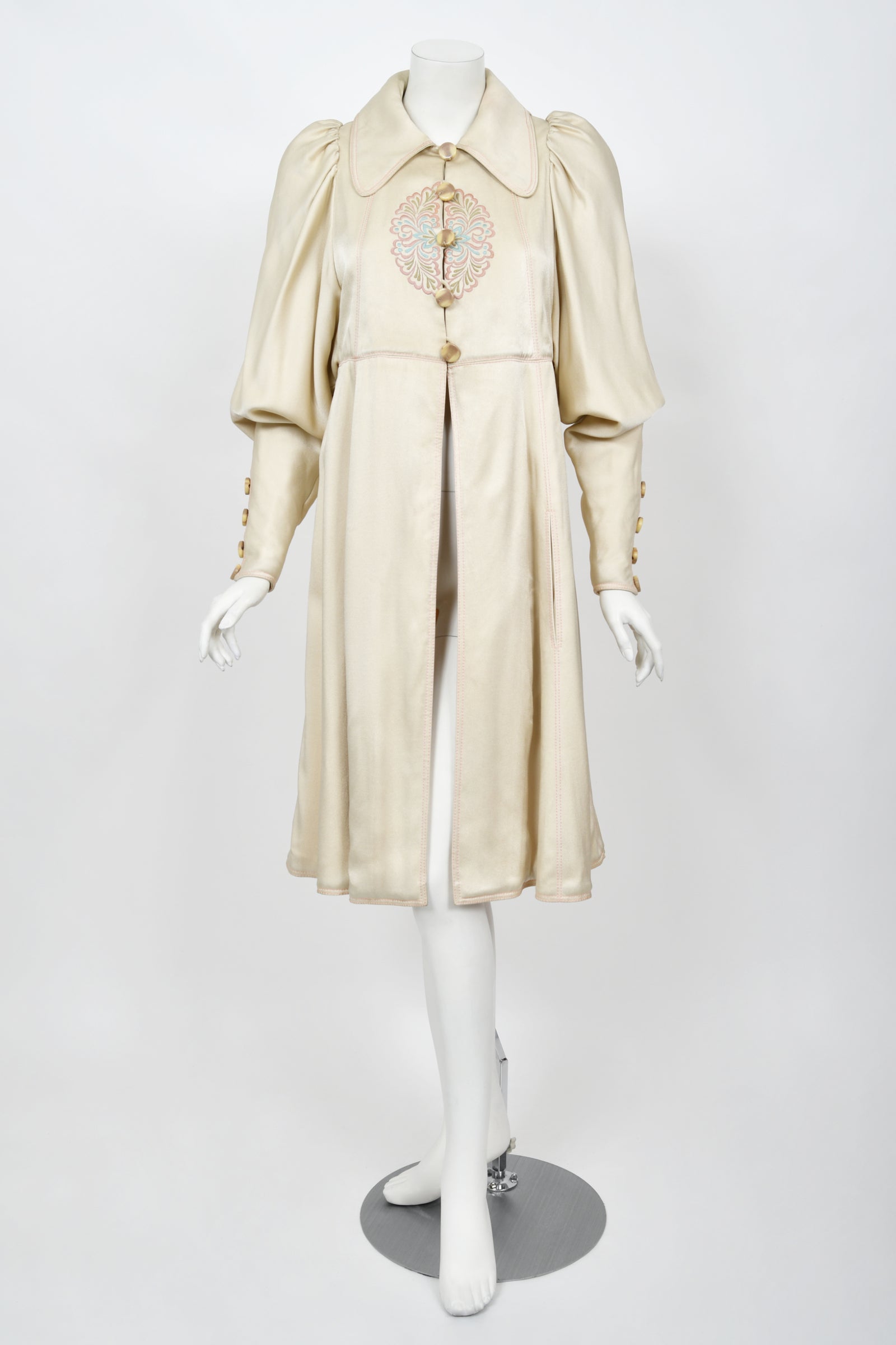 1973 Bill Gibb Couture Embroidered Ivory Satin Mutton-Sleeve Jacket & Vest
