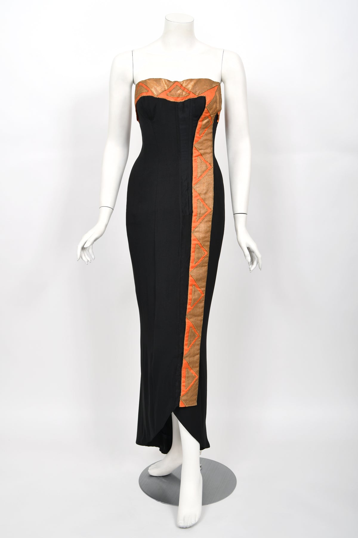 1950&#39;s Yma Sumac Custom Couture Black &amp; Orange Silk Hourglass Gown Ensemble