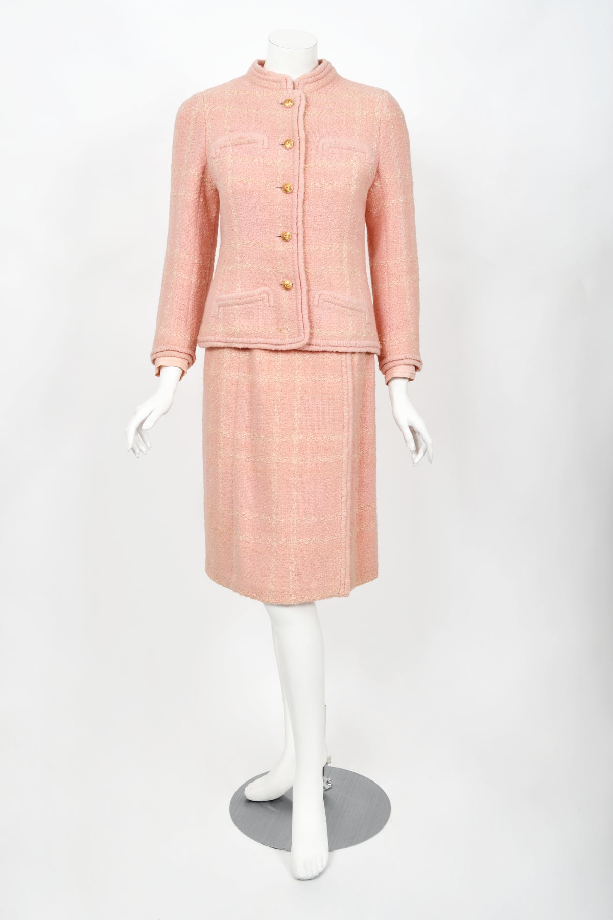 1973 Chanel Haute Couture Documented Pink Wool Jacket Blouse Skirt Three-Piece Suit