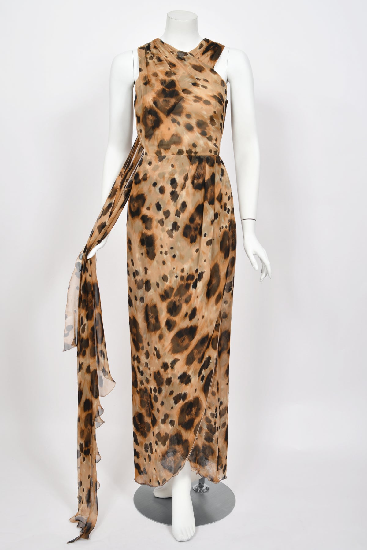 1996 Valentino Runway Editorial Leopard Print Sheer Silk Draped-Sash Gown