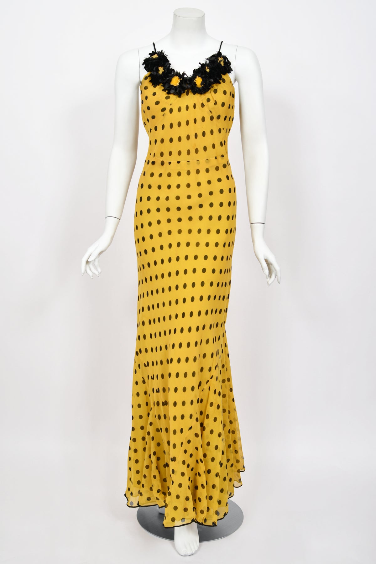 1930&#39;s Germaine Monteil Couture Polka Dot Silk Appliqué Bias-Cut Gown w/ Capelet