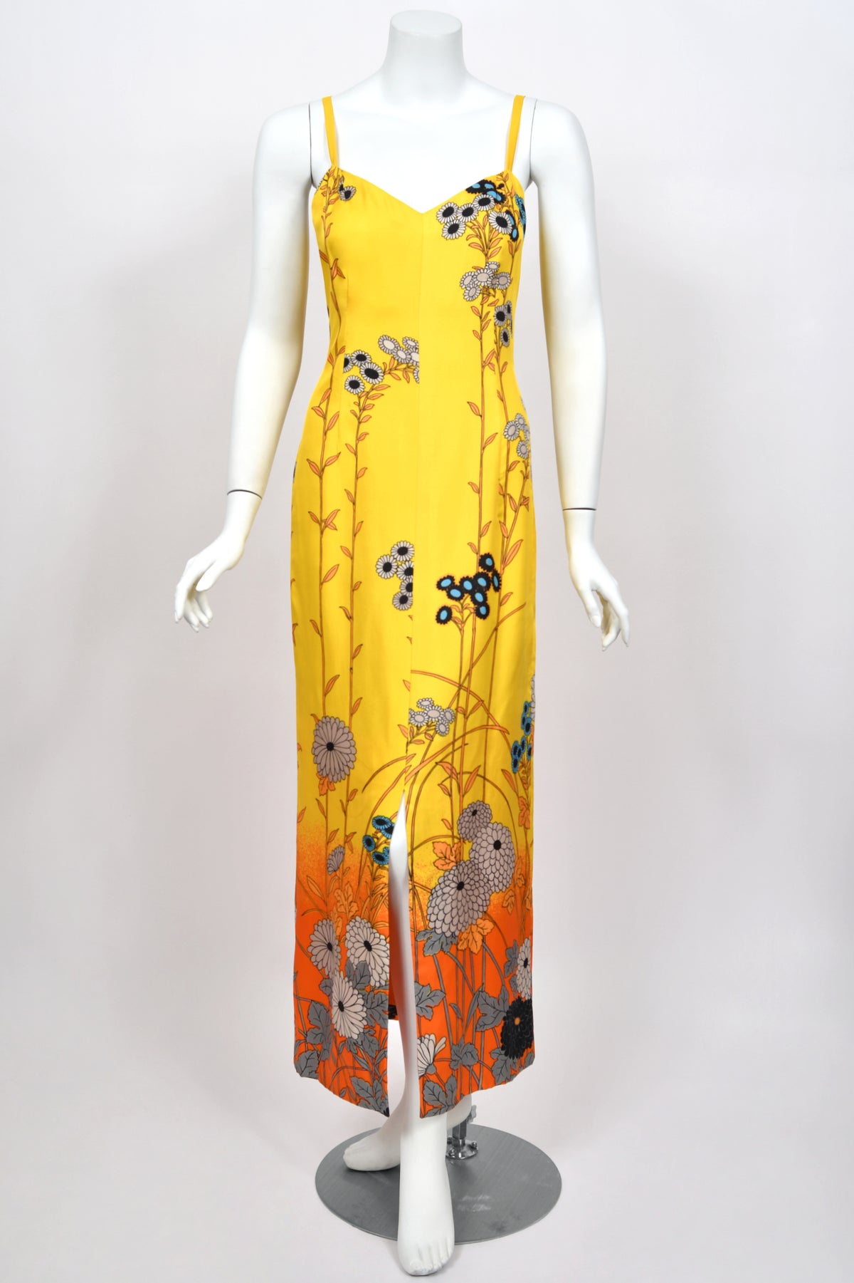 1972 Hanae Mori Couture Vogue Editorial Sunset Ombrè Floral Silk Gown & Matching Sheer Jacket