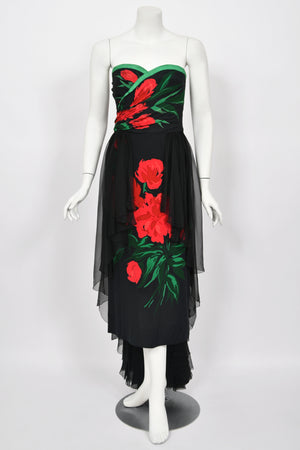 1950's Howard Greer Couture Red Roses Silk Strapless High-Low Gown & Shawl