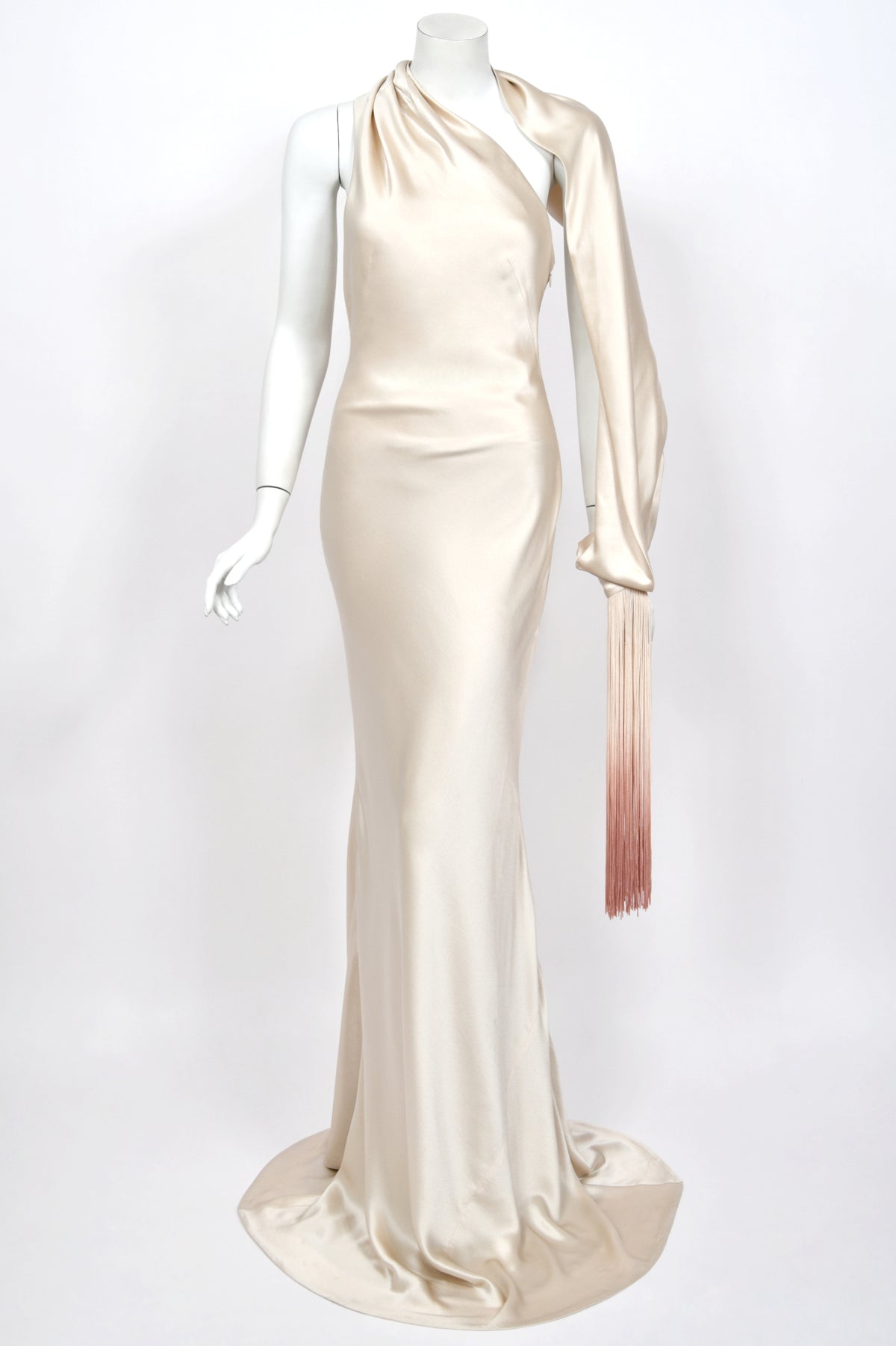 2009 Alexander McQueen Ivory Silk Draped Sleeve Ombré Fringe Bias-Cut Gown w/Tags
