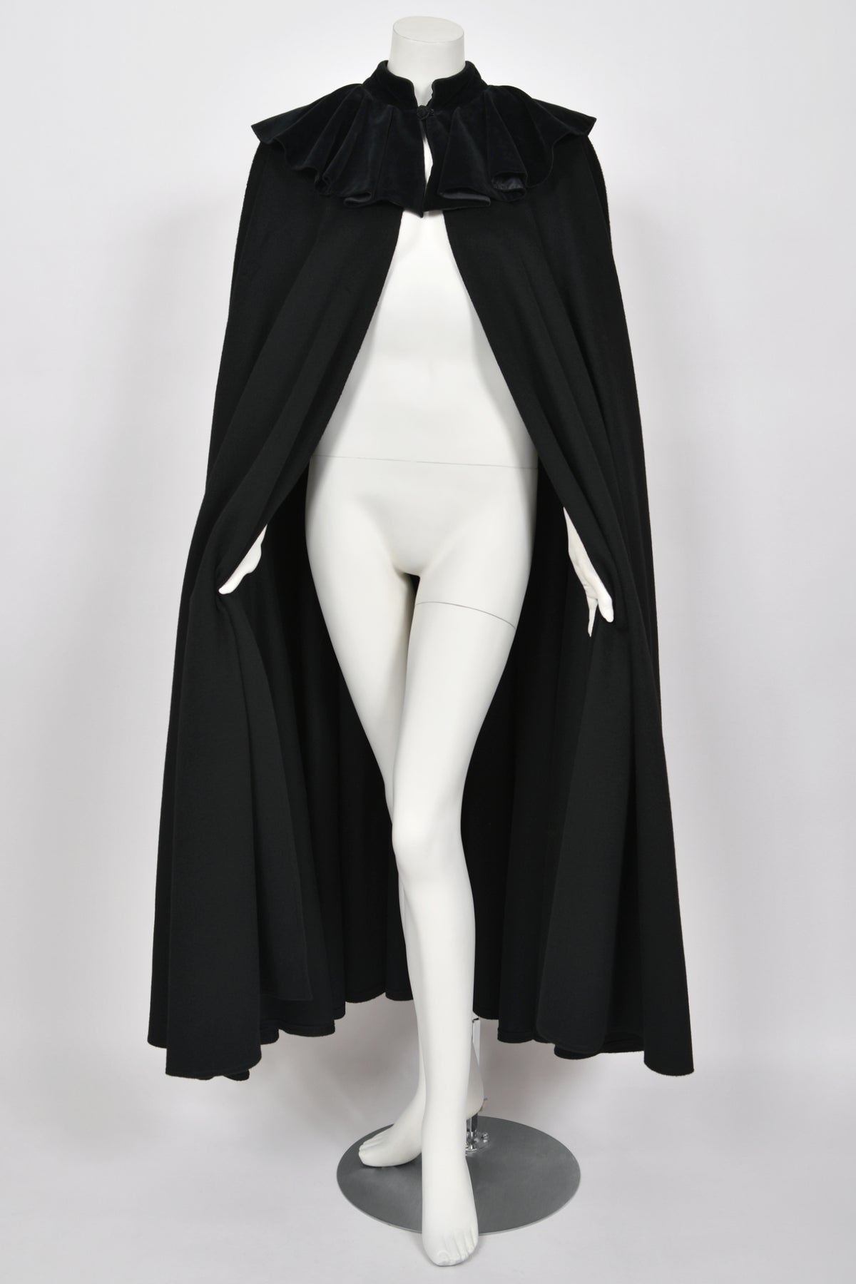 1983 Christian Dior Haute Couture Black Wool &amp; Silk-Velvet Full Length Cape