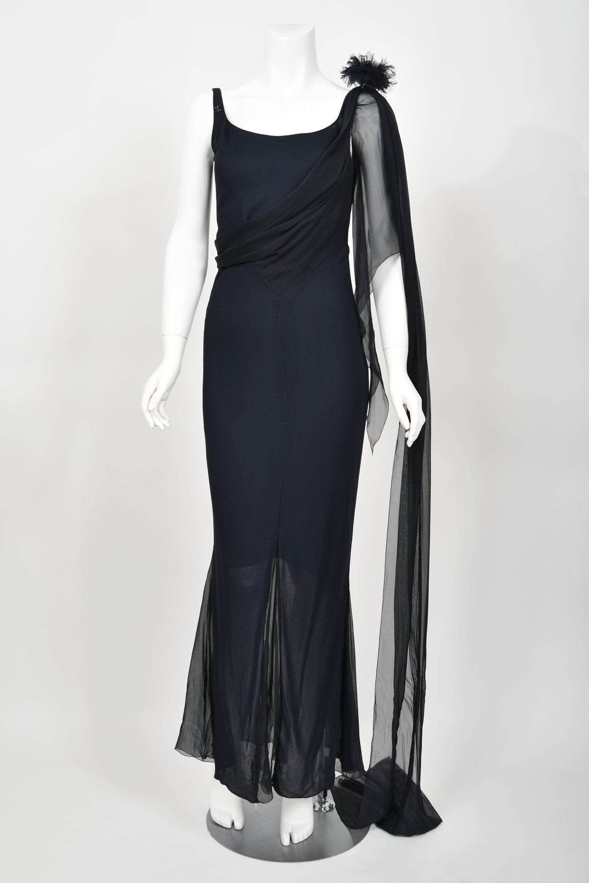 2002 Chanel Cruise Collection Midnight Blue Silk Chiffon Draped Bias-Cut Gown