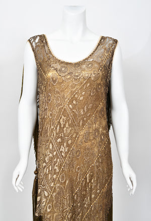 1920's Metallic Gold Lamé Lace Flapper Fringe Margot Robbie Film-Worn Dress