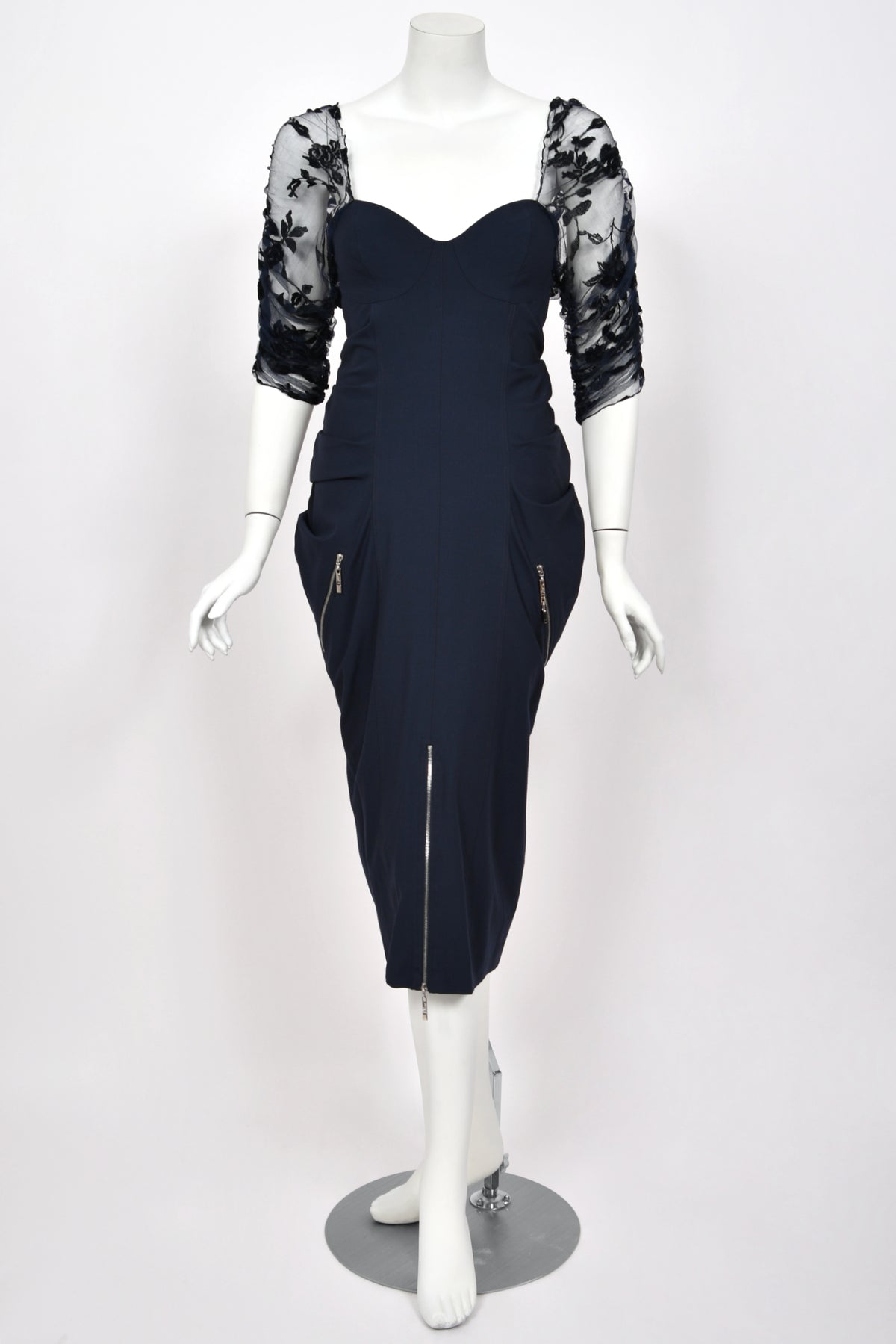 2004 Christian Dior by John Galliano Navy Stretch Silk Sheer-Sleeves Hourglass Dress