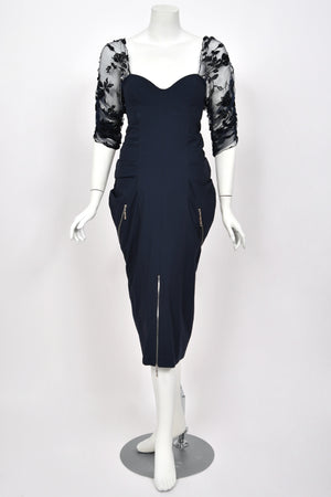 2004 Christian Dior by John Galliano Navy Stretch Silk Sheer-Sleeves Hourglass Dress