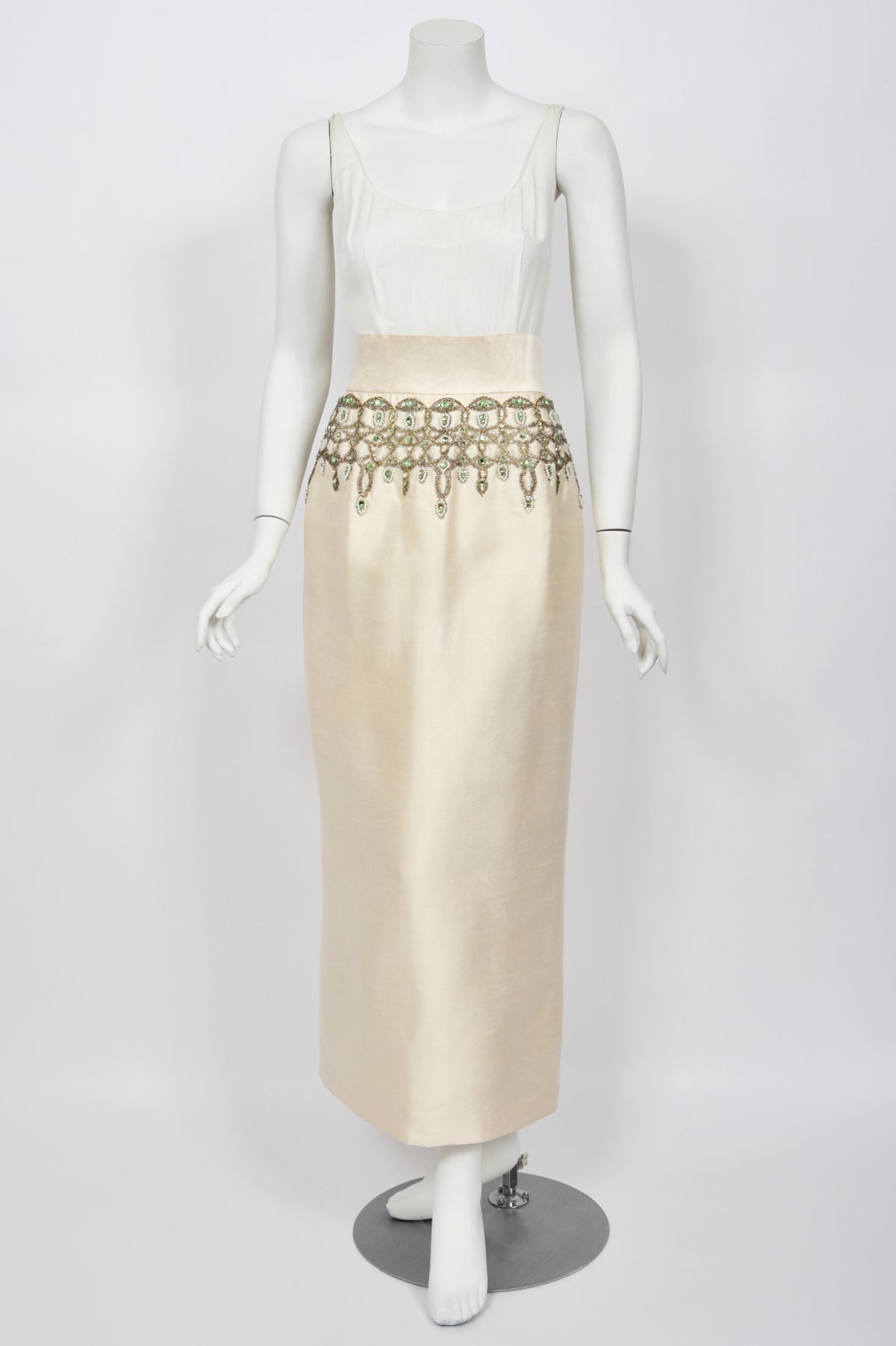 1960&#39;s British Crown Colony Beaded Rhinestone Ivory Silk Crop Top Column Gown