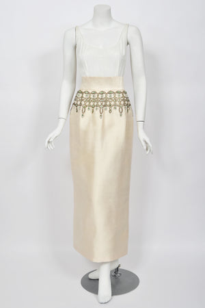 1960's British Crown Colony Beaded Rhinestone Ivory Silk Crop Top Hourglass Gown