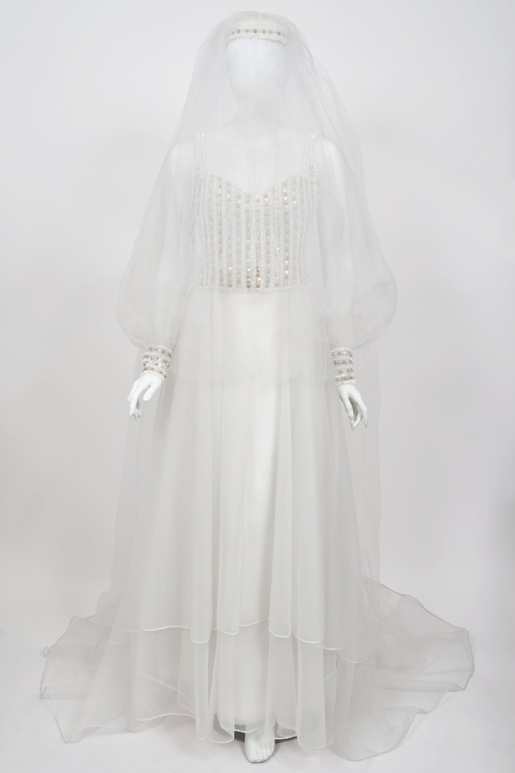 1972 Christian Dior Couture White Beaded Silk Bridal Gown w/ Veil - Timeless Vixen 1972 Christian Dior Couture White Beaded Silk Bridal Gown w/ Veil - Timeless Vixen