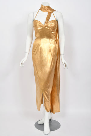 1950's Yma Sumac Custom Couture Old Hollywood Metallic Gold Hourglass Trained Dress