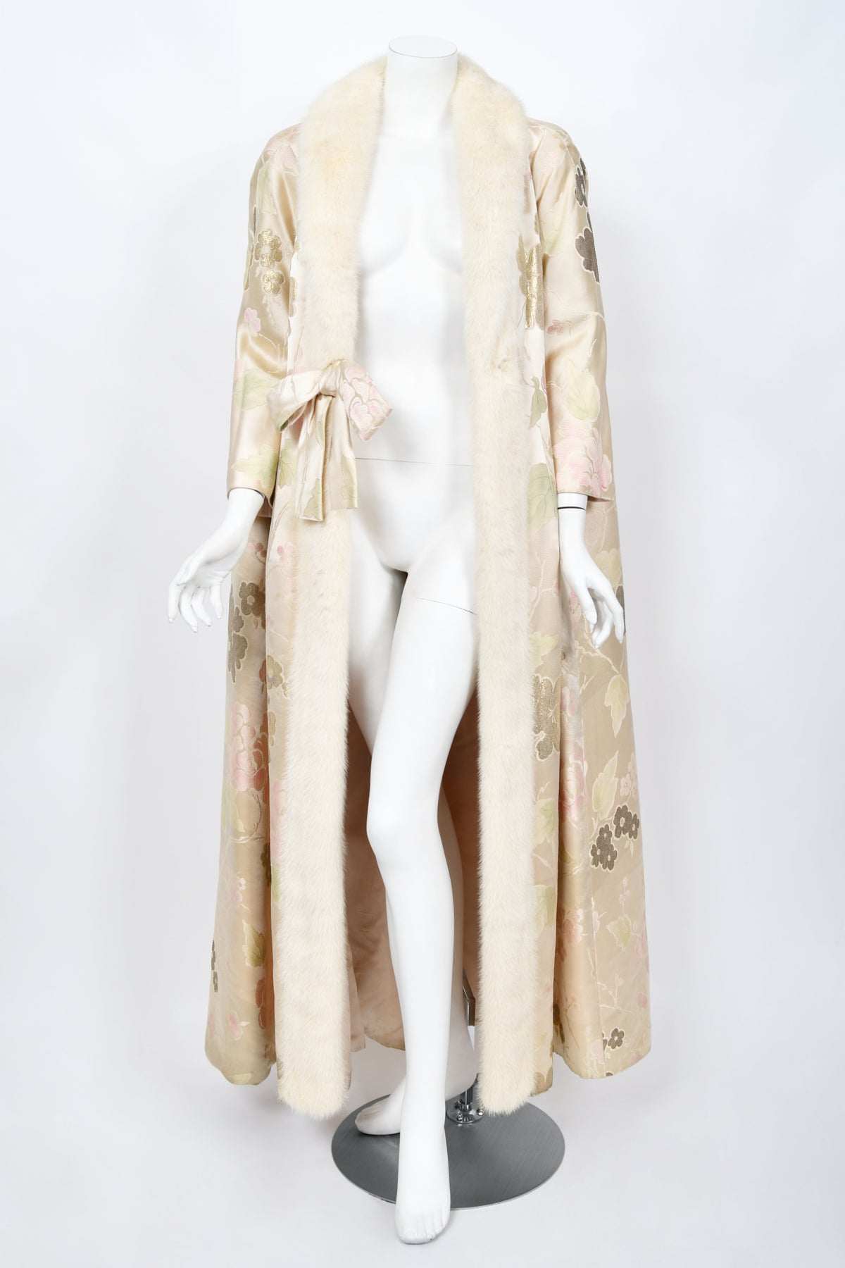 1965 Nina Ricci Haute Couture Documented Pink Silk-Brocade &amp; Mink Fur Maxi Coat