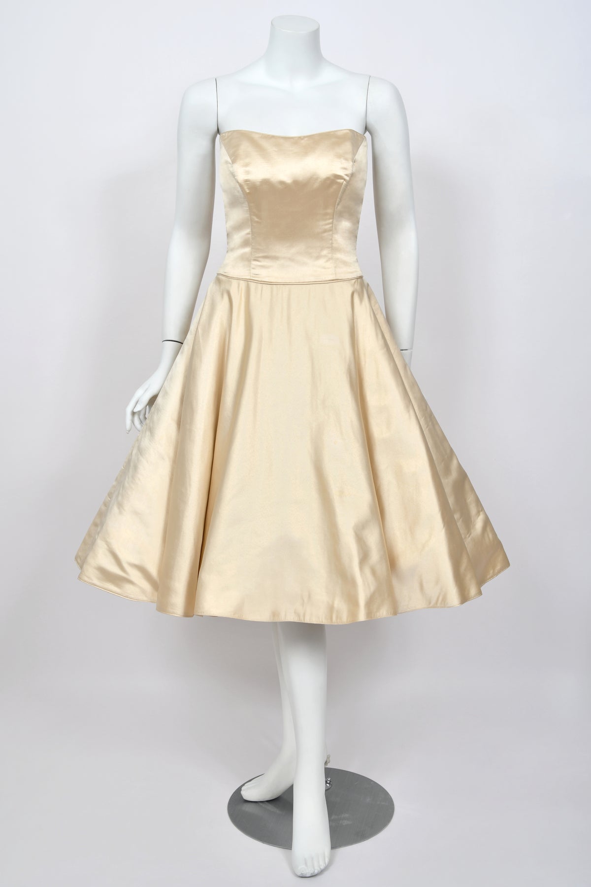 1950's Don Loper Couture Ivory Silk Satin Strapless Full-Skirted Dress w/ Detachable Cape