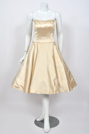 1950's Don Loper Couture Ivory Silk Satin Strapless Full-Skirted Dress w/ Detachable Cape