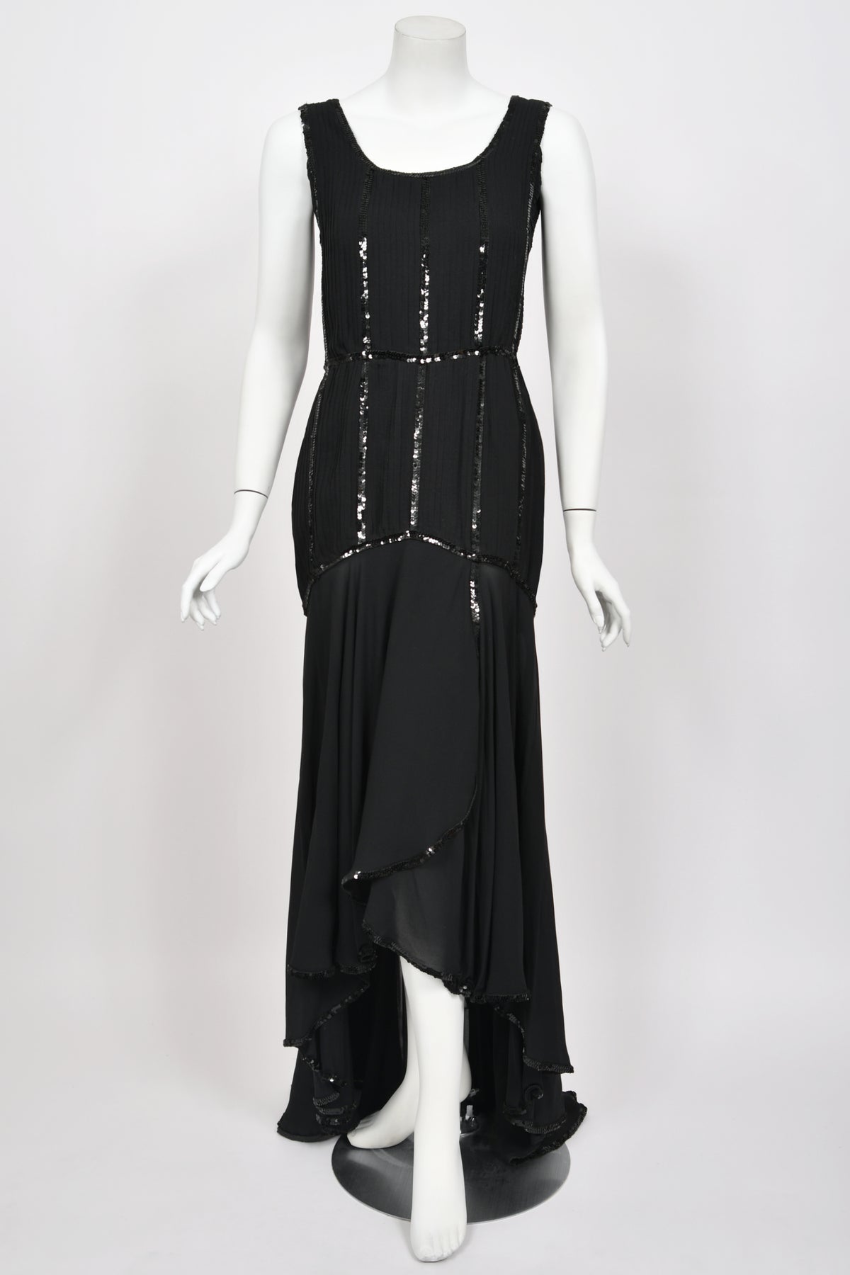 1983 Chanel by Karl Lagerfeld Sequin Pleated Black Silk Crepe High-Low Gown w/ Matching Jacket