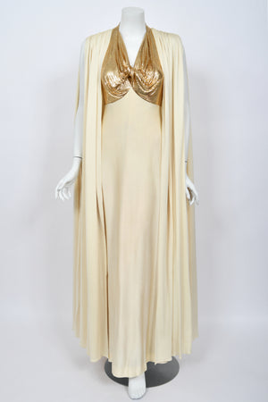 1972 Loris Azzaro Couture Ivory Silk-Jersey & Gold Metal Mesh Backless Gown w/ Cape
