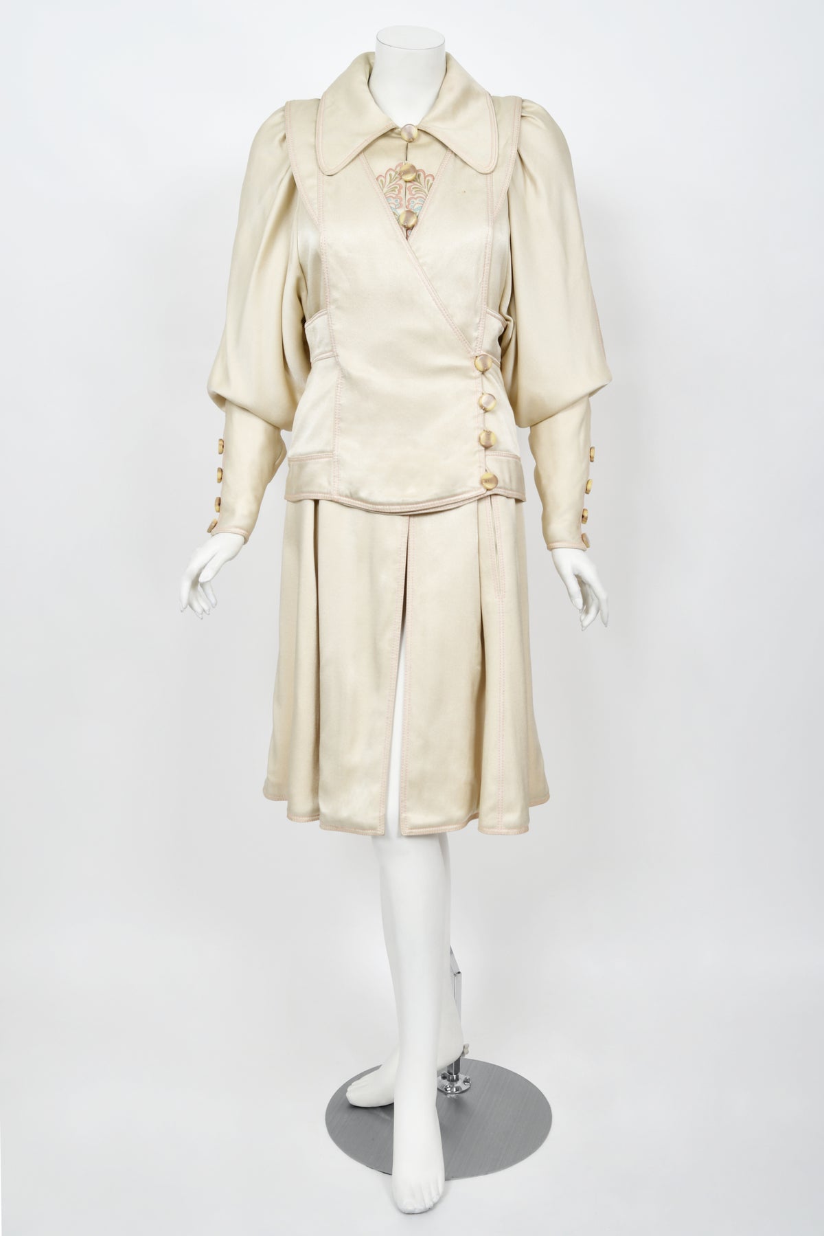 1973 Bill Gibb Couture Embroidered Ivory Satin Mutton-Sleeve Jacket &amp; Vest