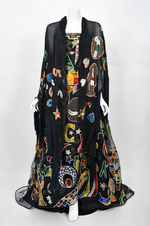 1989 Gianni Versace Haute Couture Beaded Circus Novelty Strapless Gown and Shawl