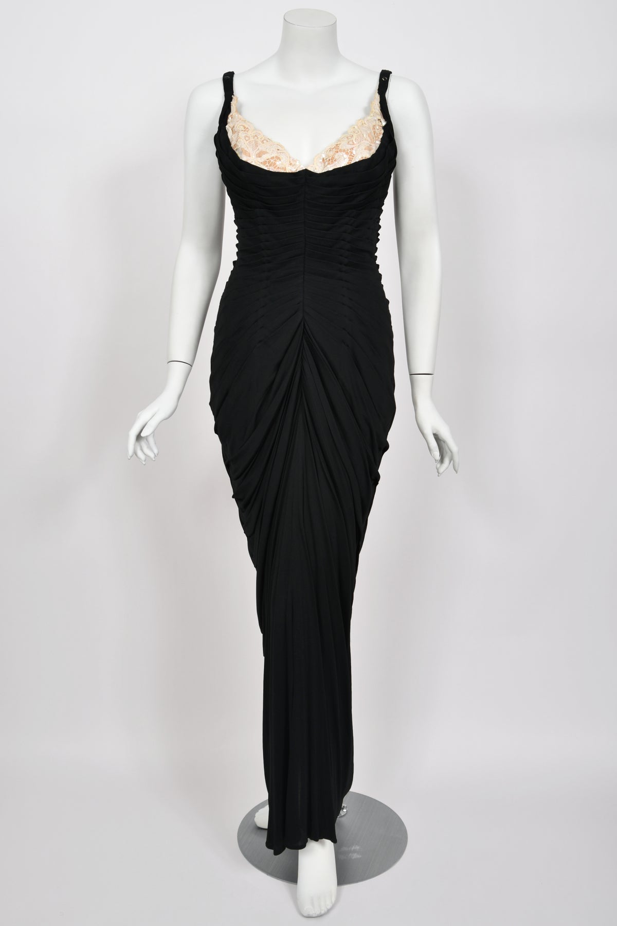 1964 Yma Sumac Documented Custom Couture Ruched Black Silk Hourglass Gown w/ Cape