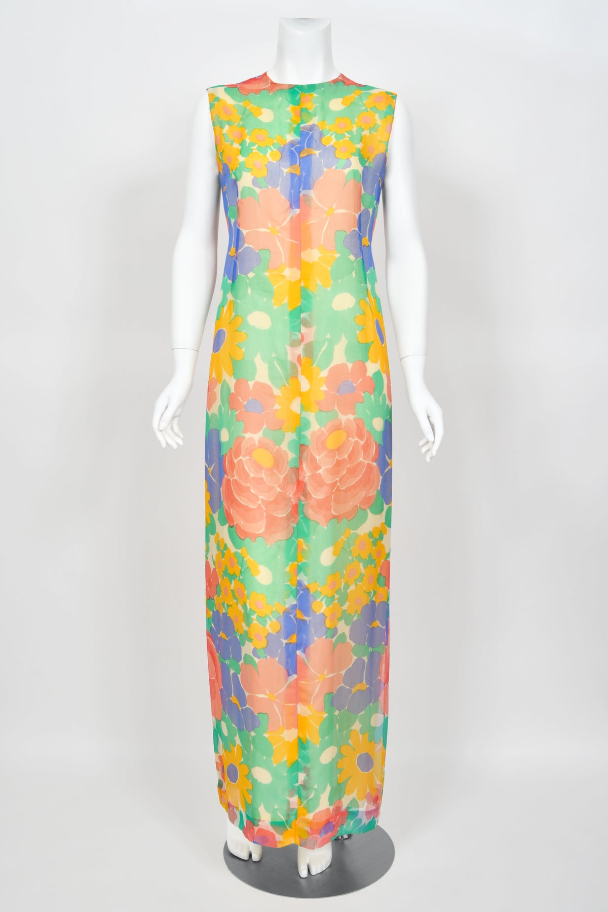 1967 Givenchy Haute Couture Colorful Floral Sheer Silk Draped Caftan Maxi Dress