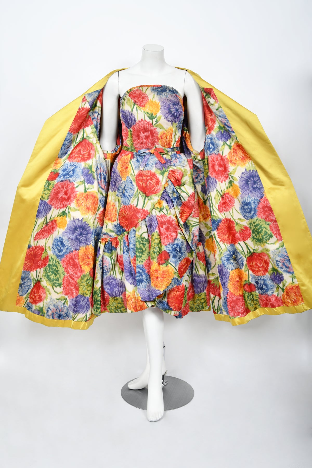 1958 Arnold Scaasi Couture Colorful Floral Silk Strapless Dress &amp; Swing Jacket