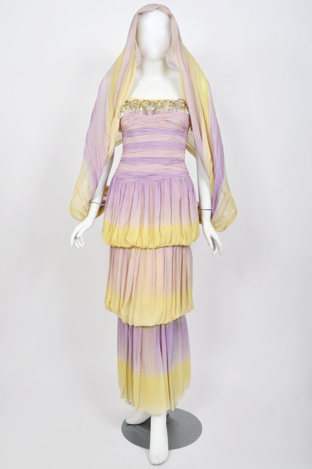 1950 Carven Haute Couture for Cécile Aubry Lilac Yellow Ombré Silk Corset Strapless Hooded Gown
