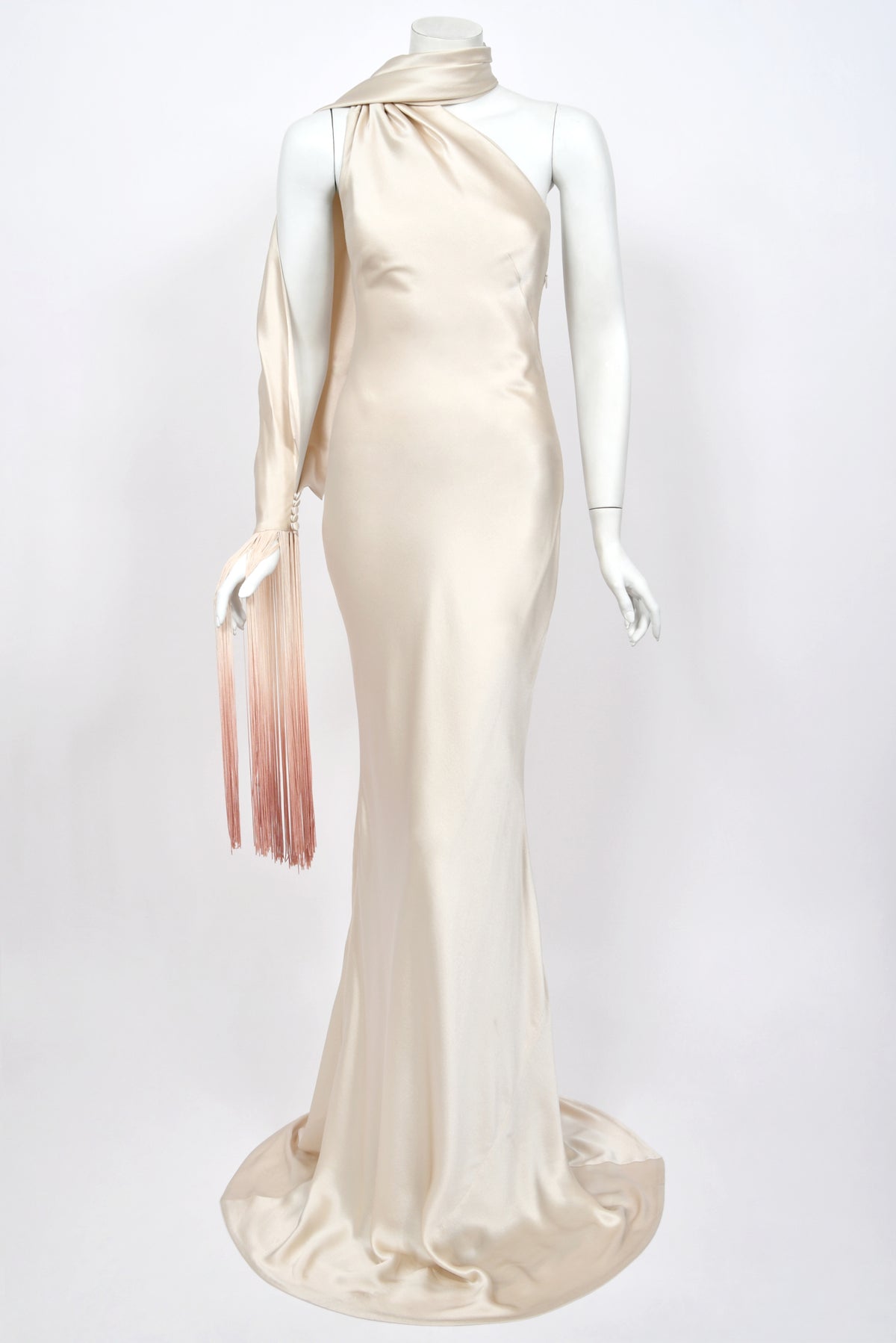 2009 Alexander McQueen Ivory Silk Draped Sleeve Ombré Fringe Bias-Cut Gown w/Tags