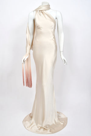 2009 Alexander McQueen Ivory Silk Draped Sleeve Ombré Fringe Bias-Cut Gown w/Tags