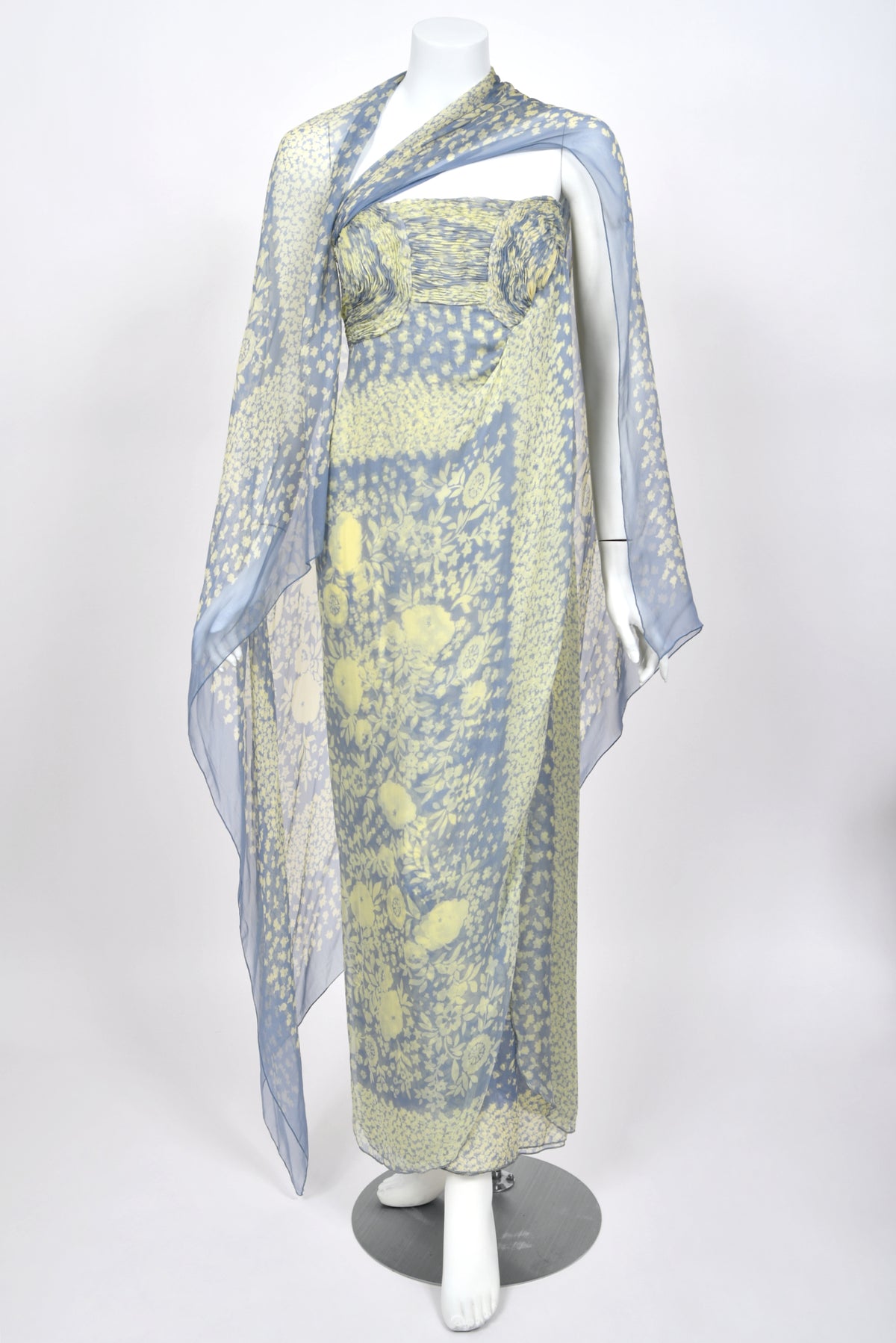 1995 Valentino Runway Periwinkle & Yellow Floral Print Silk Ruched Strapless Draped Gown