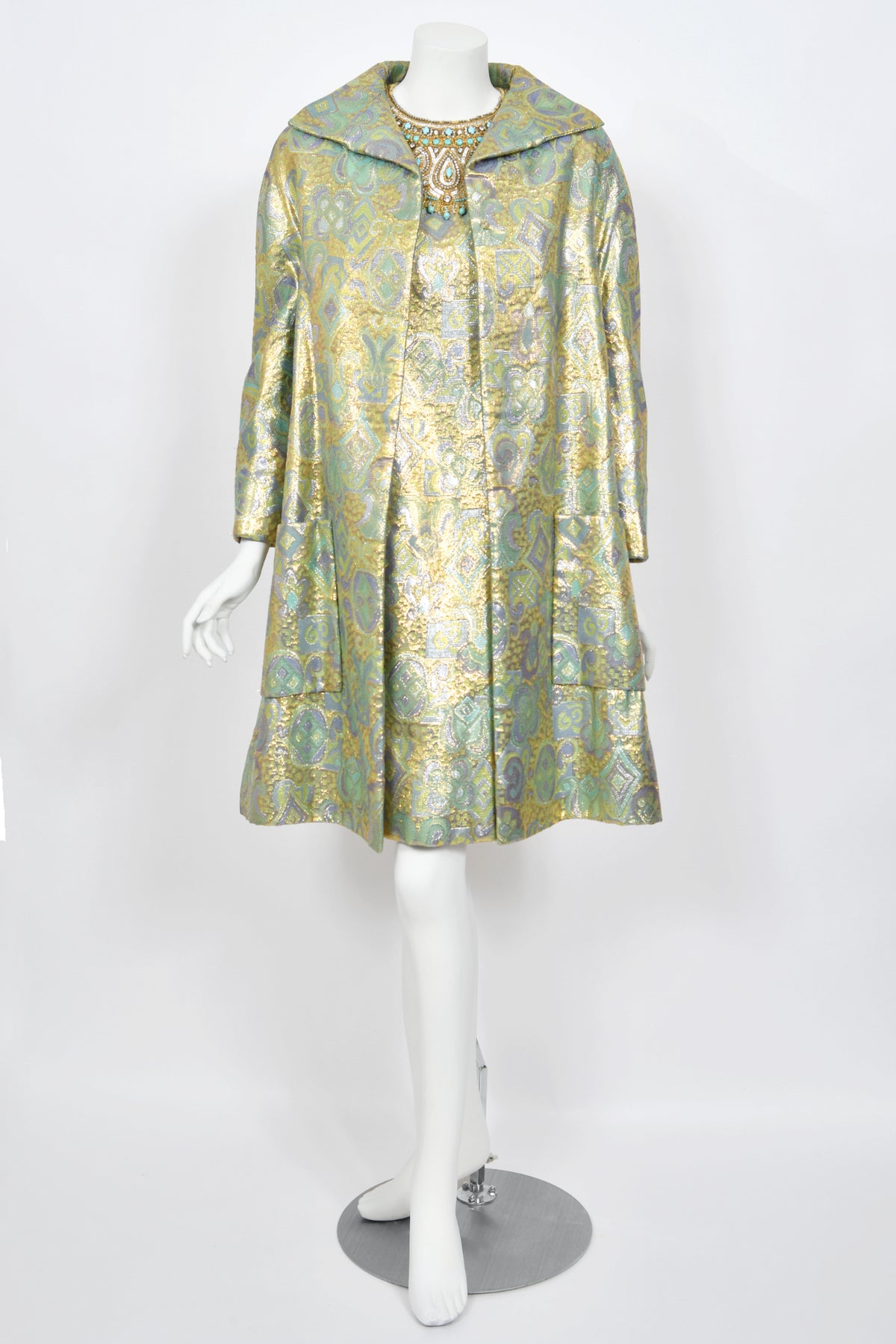 1960&#39;s Bob Bugnand Couture Beaded Metallic Silk-Brocade Dress &amp; Matching Coat