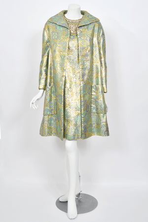 1960's Bob Bugnand Couture Beaded Metallic Silk-Brocade Dress & Matching Coat