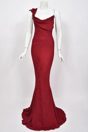1999 John Galliano Maori Collection Merlot Red Silk Bias-Cut Gown w/ Fringed Shawl
