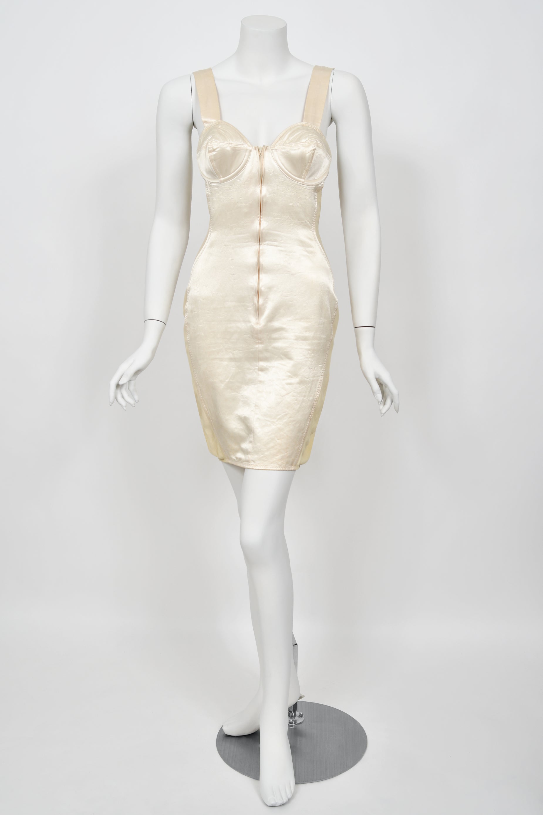 1988 Jean Paul Gaultier Cream Stretch Satin Bustier Corset Mini Dress