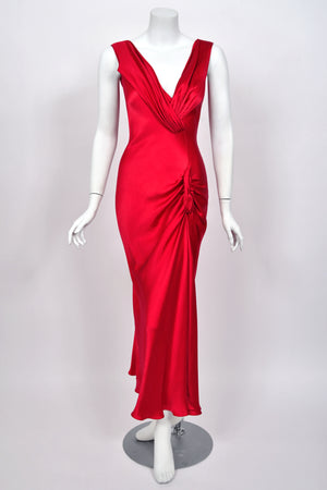 2003 Christian Dior by John Galliano Ruby Red Silk Low Cut Draped High Slit Bias-Cut Dress