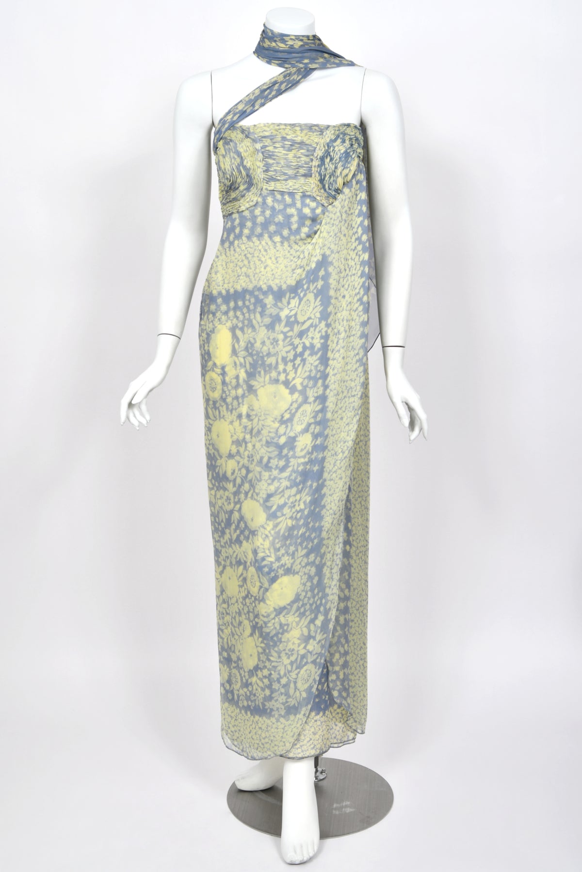 1995 Valentino Runway Periwinkle & Yellow Floral Print Silk Ruched Strapless Draped Gown