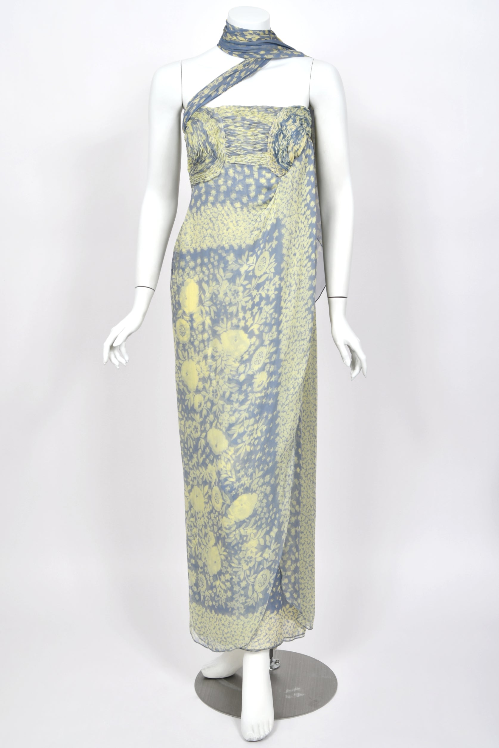 1995 Valentino Periwinkle & Yellow Floral Print Silk Strapless
